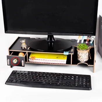 

Wooden Monitor Stand Riser Computer Desk Organizer with Keyboard Mouse Storage Slots for Office Supplies School Teachers
