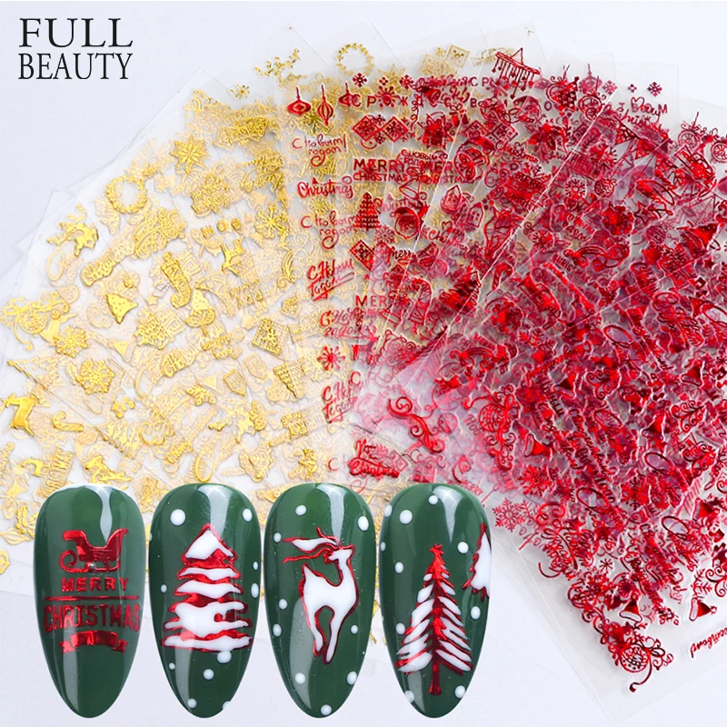 

18pc Red Gold 3D Nail Sticker Set Xmas Winter Glitter Snowflower Letter Slider Decals Decorations Adhesive Tips CHSTZG041-049-1
