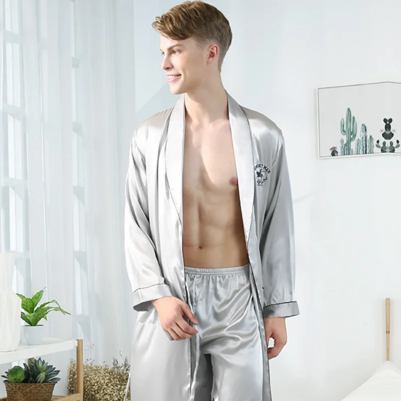 Men\'s Robe Sets Nightgown Satin Silk Summer And Autumn Kimono Bathrobe Gown Long Sleeve Sleepwear 2 Pieces Home Dressing MY440