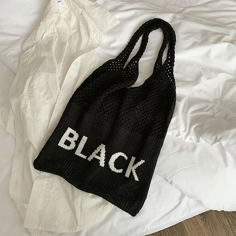 buy Simple Knitted Woven Large Capacity Shoulder Bag Color Words Solid Color One Shoulder Hand Tote Bag