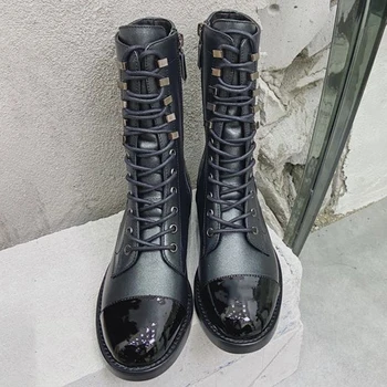 

Ankle Boots Women Genuine Calfskin Leather Round Toe Side Zip High Heel Lady Shoes Brand Lace Up Martin Boots