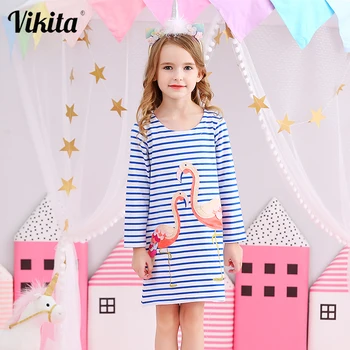 

VIKITA Girls Dresses Flamingo Long Sleeve Kids Cotton Dress Girls Striped Princess Vestidos Kids Cartoon Dresses for Girl