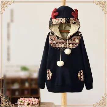 

New Winter Women Japanese Long Sleeve Patch Velvet Hooded Hoodies Character Harajuku Cute Hairball Deer Antler Sweatshirts