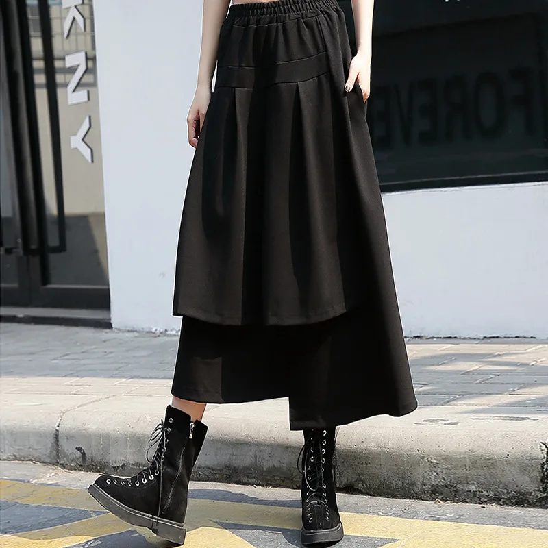 

Gothic Black Skirt Plus Size Women Japan Style A-line Midi Skirts Irregular Layered Side Pocket High Elastic Waist For 4 Seasons