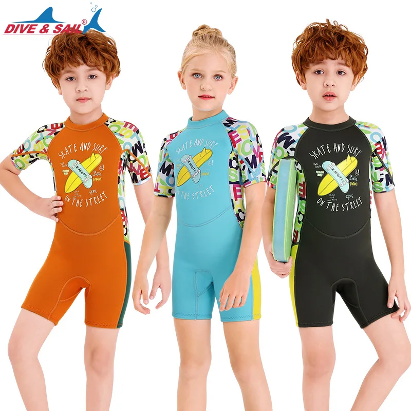 

2.5mm SCR Neoprene One-piece Swimwear Boys Girl Wetsuit Short Sleeve Wet Suit Children Swimsuit Diving Kids Printed Jump Suits