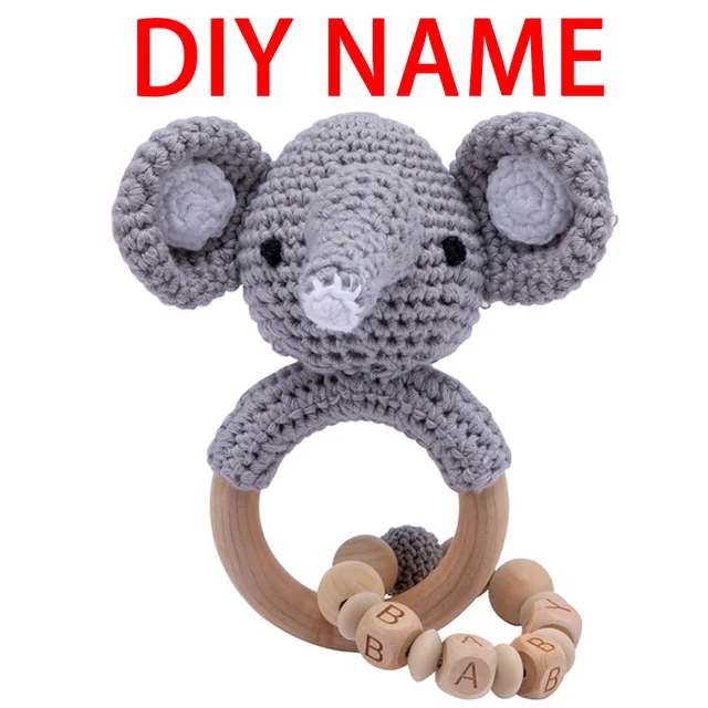 Bopoobo 1pc Baby Rattles Crochet Bunny Rattle Toy Wood Ring Baby Teether Rodent Baby Gym Mobile Rattles Newborn Educational Toys A Elephant