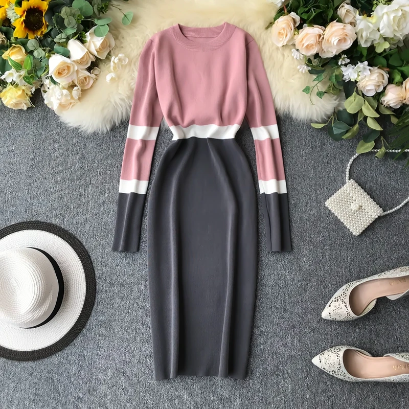 ALPHALMODA осенне-зимнее женское трикотажное платье хит цвета новое ретро с высокой талией цветное с длинным рукавом тонкое трикотажное цельное платье
