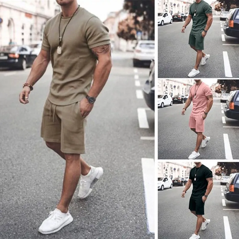 Ta&To Men Tracksuit 2 Piece Set Summer Solid Sport Hawaiian Suit Short Sleeve T Shirt and Shorts