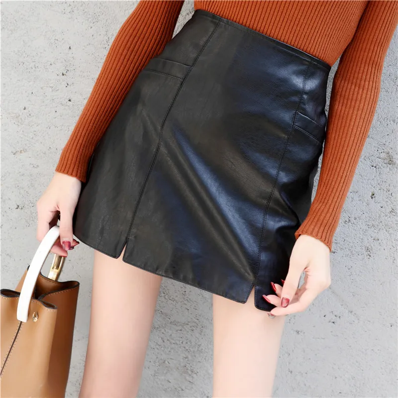 

Photo Shoot PU Leather Skirt Women's Autumn Korean-style INS Short Skirt A- line Skirt High-waisted Skirt Slimming Super Fire Bl