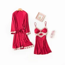 Red Sleepwear ice silk sling female Korean lace sling sexy nightware suit home service new arrival party Nightgown long robe