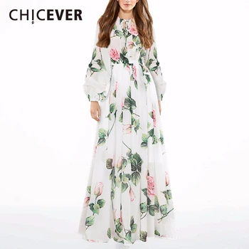 

CHICEVER Lace Up Bowknot Women's Dress O Neck Lantern Long Sleeve High Waist Ruched Floral Print Dresses Female 2020 Fashion