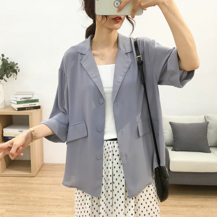

Autumn Thin Loose-Fit Elegant Small Suit Women's Large Size Silky Chiffon Casual Suit Thin Sun-resistant Jacket