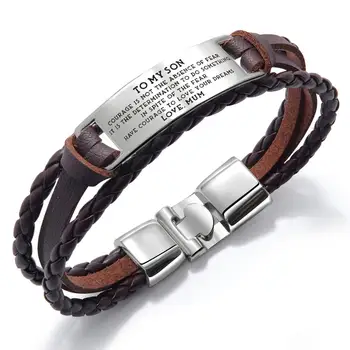 

Mum To My Son From Hand-Woven Retro Multi-Color Engrave Name Leather Bracelet for Men Stainless Steel Bracelets