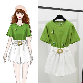

Avocado Embroidery Green Short Sleeve T-Shirt Female White Shorts Summer Korea Casual Two Piece Clothing Sets