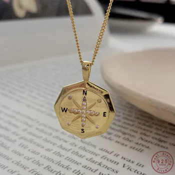 

925 Sterling Silver Simple Compass Pendant Clavicle Chain Necklace Neutral Fashion Creative Jewelry Accessories Friendship Gift