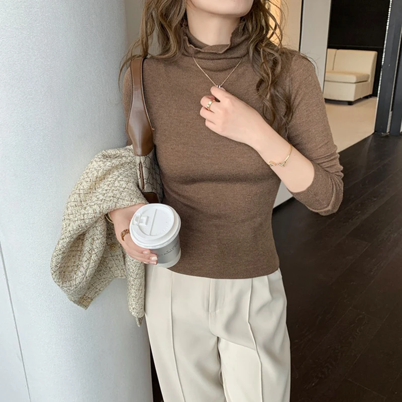 red sweater High Collar Hit Autumn and Winter New Style Sweater Women 's 2022 Solid Color Versatile Slim Fit Women Sweetshirts Traf Y2k brown cardigan Sweaters