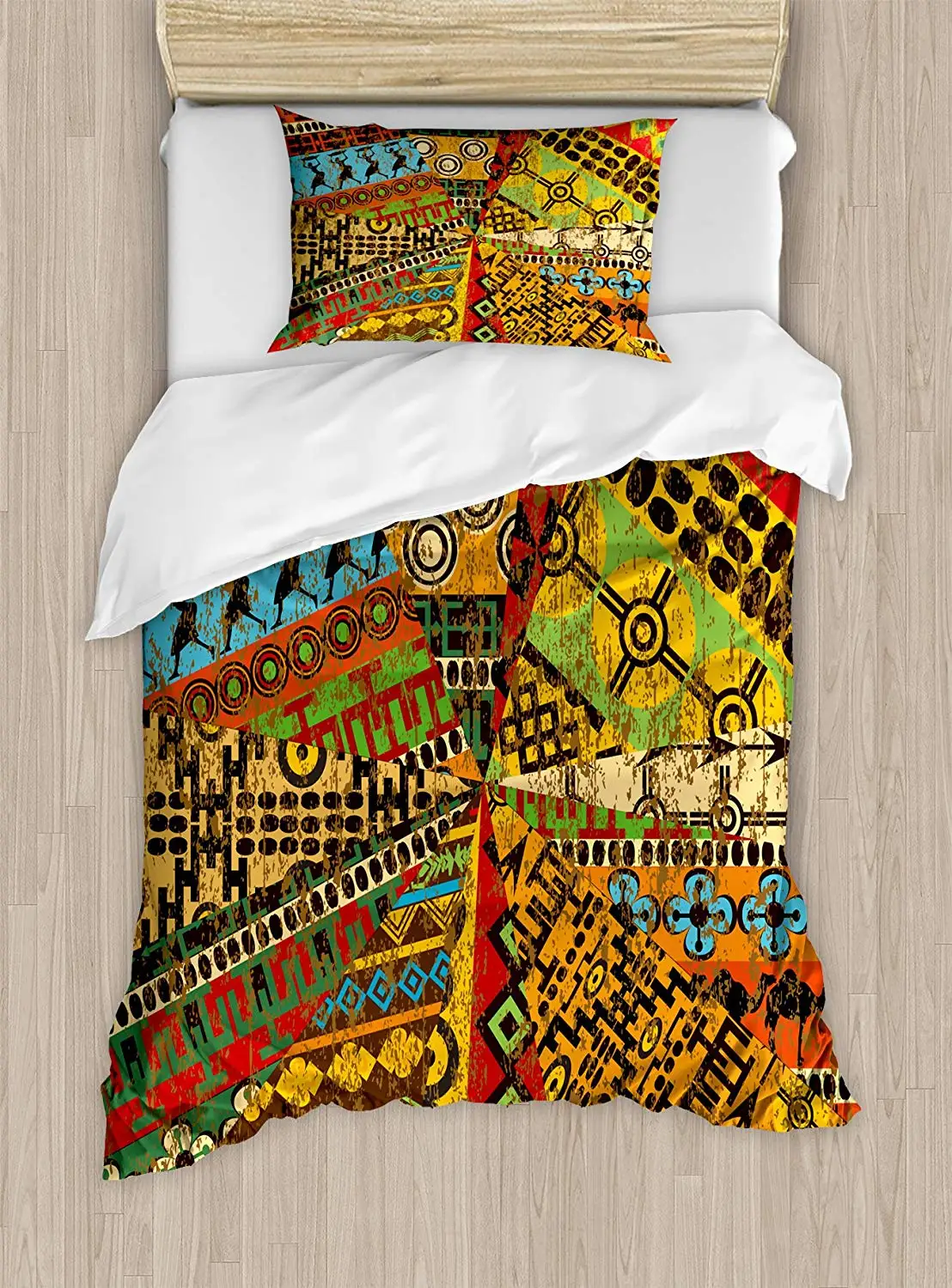 African Duvet Cover Set Grunge Collage with Motifs Traditional Art Ornate Geometric Decorative 2 Piece Bedding 1 Pillow | Дом и сад