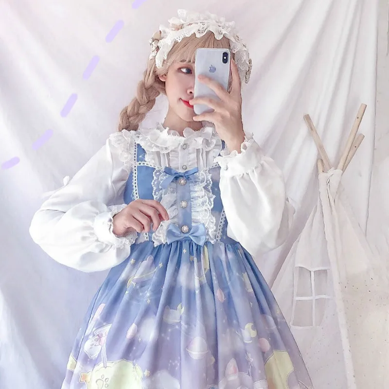 Платье в стиле Лолиты для девочек с изображением космонавта кота; платье принцессы без рукавов; цельнокроеное платье с бантом и отделкой; 4 цвета
