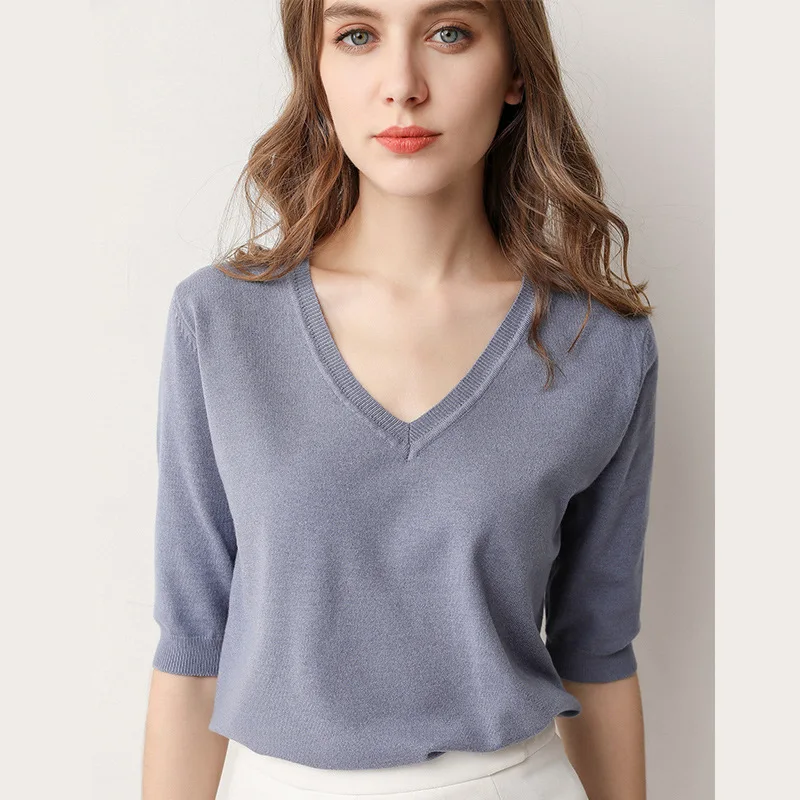 Women sweater spring short-sleeved women's temperament sweater sweater v-neck half sleeves wild loose bottoming shirt