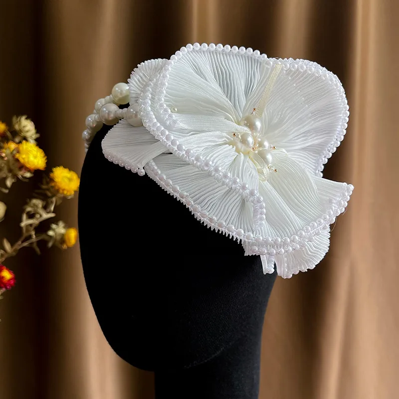 Pleated Oversized Flower Pearl Hair band French-Style Bride hair decoration women headpiece Wedding hair accessories solid color square hairscarf silk satin hair scarf soft neckerchief pleated small hair scarf decorative headscarf headwear