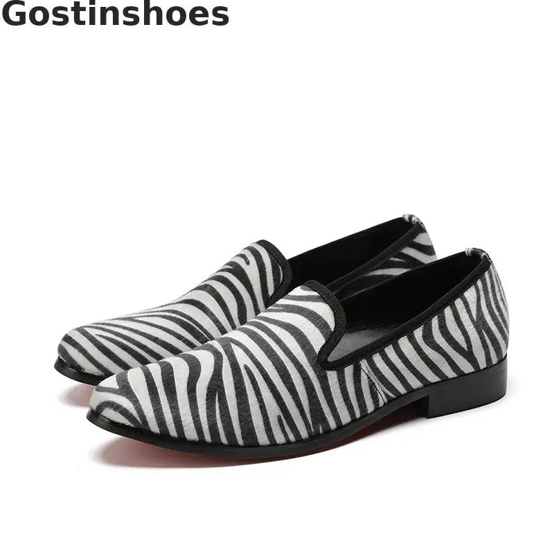 

Black And White Striped Genuine Leather Men Casual Shoes Zebra Pattern Printed Men Leisure Loafers Fashionable Low Heel