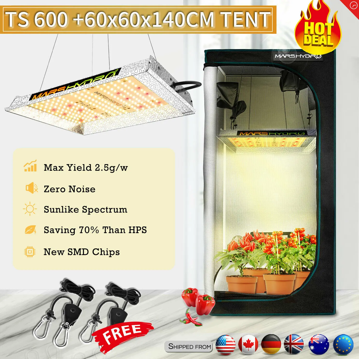 Mars Hydro Full Spectrum TS 600W LED Grow Light & 1680D 60*60*140 Grow Tent  Hydroponics Lamp
