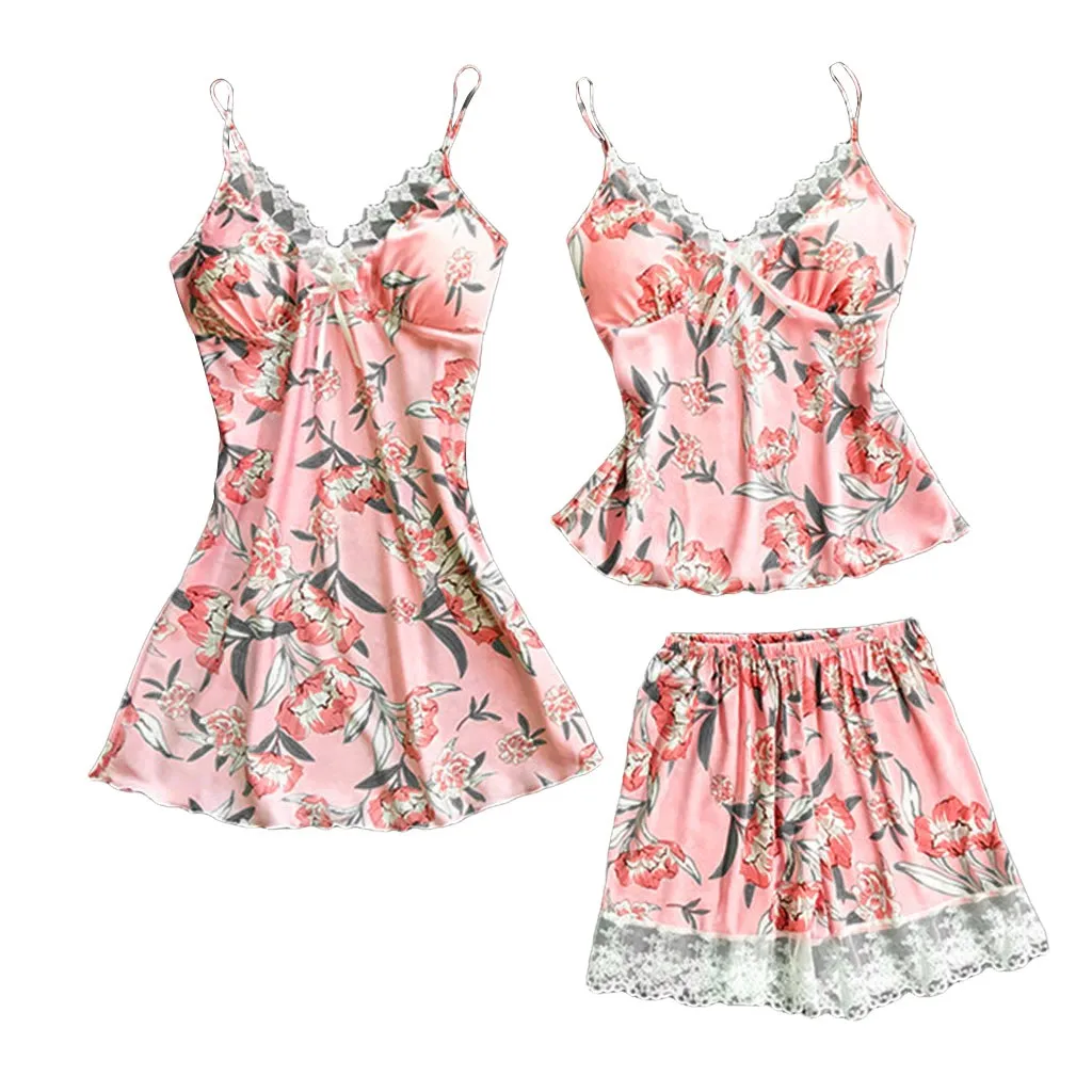 Pink 3 шт. пижамы для женщин одежда для сна пижама Сексуальная кружева атласа печати камзол шорты Нижнее белье пижамы комплект пижамы - Цвет: Pink