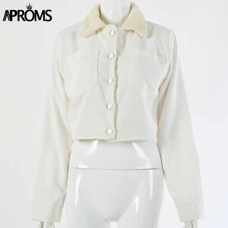 Most effective  Aproms Double Pockets Basic Jacket Women White Fleece Thick Warm Cropped Coat Winter Soft Corduroy 