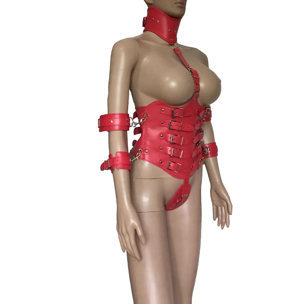 PU Leather Lock Down Open Cup Underbust Corset with Attached Choker Collar Arm Restraint Cuffs Women Bodysuit Fetish Costume