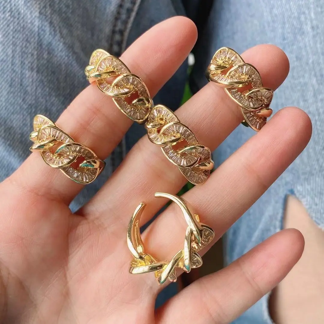 

5Pcs Gold Plated CZ Pave Chain Ring Link Chain Shape Cubic Zircon Adjustable Ring For Women Stacking Dainty Gold Ring