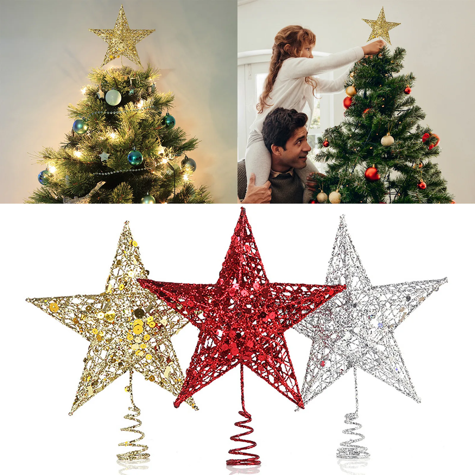 15cm Gold Metal Hanging Star Christmas Tree Bauble Vintage Hanging Decoration 