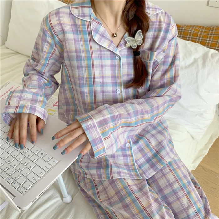 Ladies spring and autumn style net red printed plaid pajamas set lapel long-sleeved trousers 2-piece home service casual pajamas satin pajamas Pajama Sets