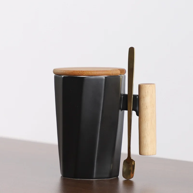 380 мл деревянная ручка керамическая кофейная кружка креативная многоугольная офисная домашняя чашка для чая и молока в подарок - Цвет: Black Set