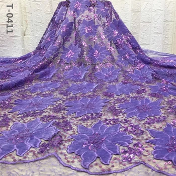

Latest African Mesh Lace Fabric With Sequins French LilacTulle Lace Fabric Embroiderey Velvet Lace For Nigerian Evening Party