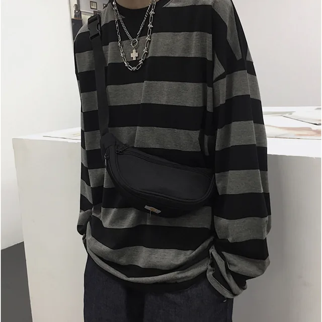 Harajuku Oversized High Street Stripe T-shirt long sleeves vintage style All-match fashion Unisex clothes Japanese Streetwear BLACK
