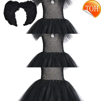 

Solid Black Maleficent Halloween Costumes V-Neck Kids Ankle Dress Length For Girls Cosplay Party Dresses With Horns Wings Devil