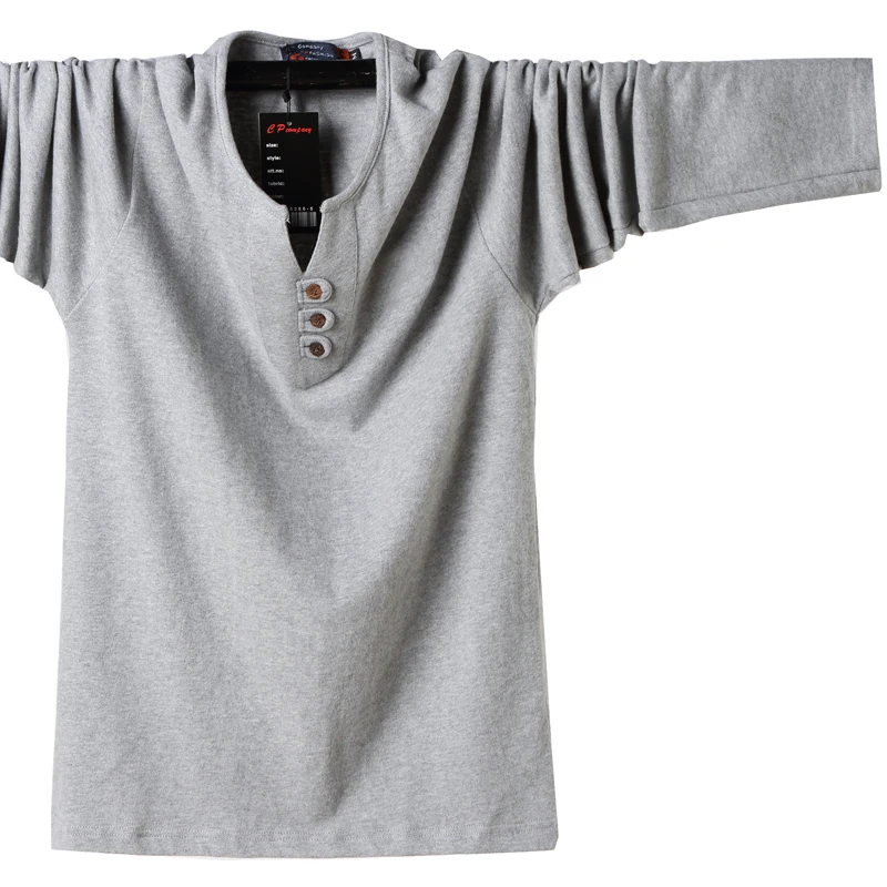 Осенняя Высококачественная Мужская футболка с длинным рукавом, Мужская разноцветная футболка с v-образным вырезом, мужская хлопковая M-6XL большого размера - Цвет: Серый