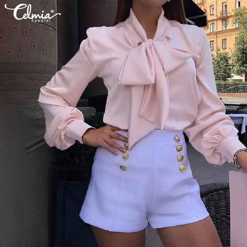 Блузка Женская атласная Celmia с длинным рукавом элегантная офисная рубашка бантом