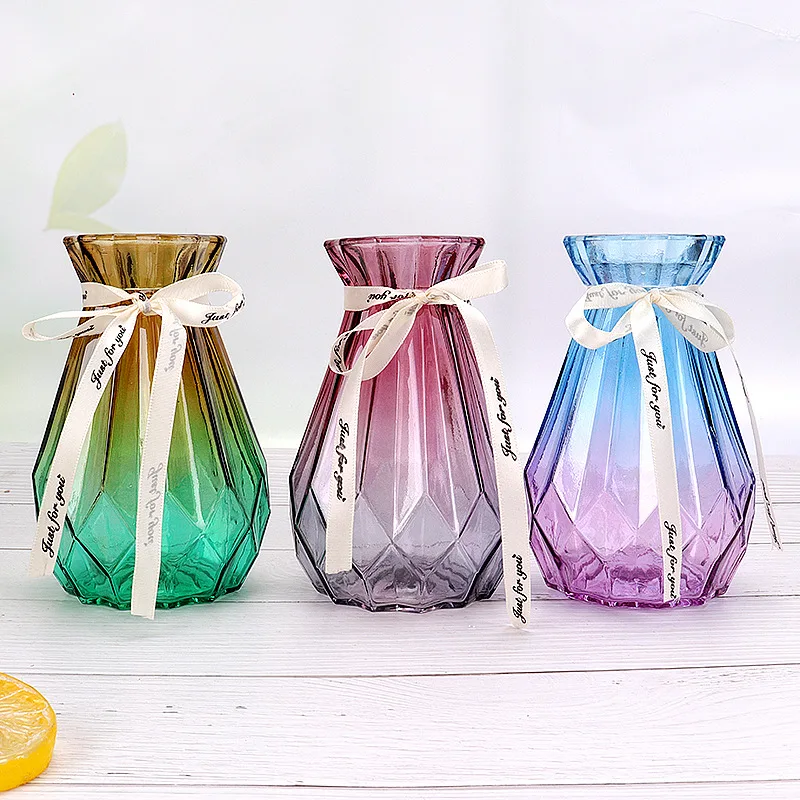 Diamond Shape Transparent Glass Flower Bottle Color Glass Decorative Vase Hydroponic Vase Living Room Tabletop Dry Flower Vase 3