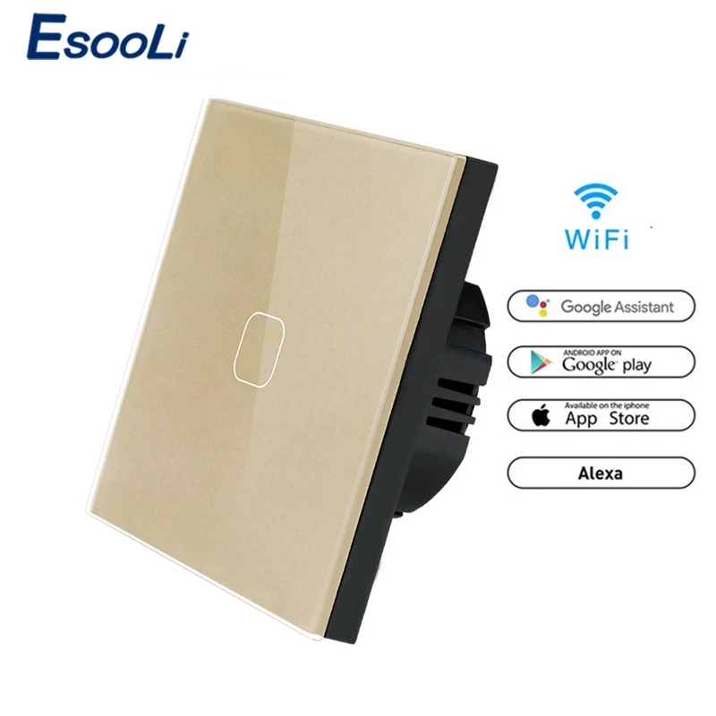 WiFi Gold 1 Gang EsooLi сенсорный переключатель умный дом пульт дистанционного управления 220v настенный прерыватель 1 местный 1 позиционный wifi светильник Переключатель ЕС Стандартный работать с Alexa Google Home - Цвет: WiFi Gold 1 Gang