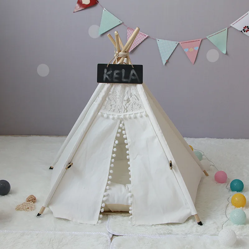 

2021 Kawaii Lace Canvas Dog Tent With Polka Dot Tent Puppies Cat Indoor Outdoor Kennel Portable Conical Tent With Cushion Mats
