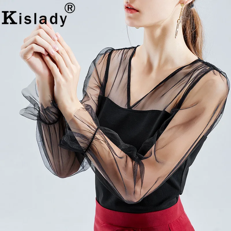 

Kislady 2019 Fall Female Patchwork Transparent Guaze Material Sexy Mesh Top V Neck See Through OL Harajuku Tshirt Korean Clothes