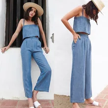 Женский комплект из 2 предметов, свободный крой, джинсовые длинные штаны и топ на лямках, модный сексуальный Джинсовый комплект, топ с лямкой на шее, джинсы синего цвета