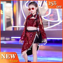 Новогодняя праздничная одежда для девочек танцевальный костюм с пайетками в стиле хип-хоп, топы, красные штаны, рождественские наряды BL2999