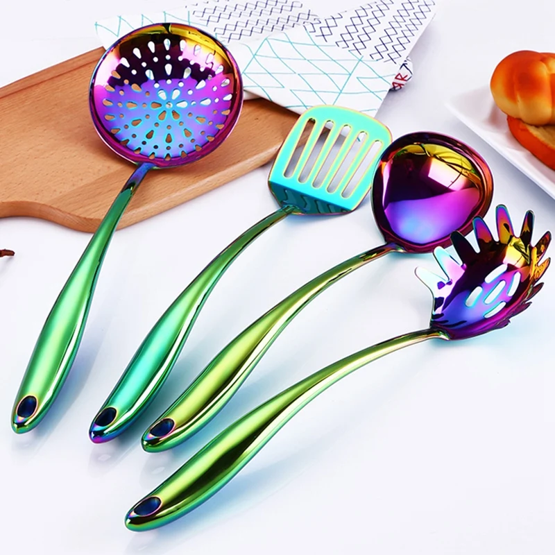 

Kitchen Tool Set of 4 Cooking Rainbow Cookware Restaurant Kitchenware Set Stainless Steel Shiny Kitchenware