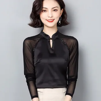 

Autumn women Chinese style Stand Lead Mesh long sleeve Garment plus size chiffon shirts women tops