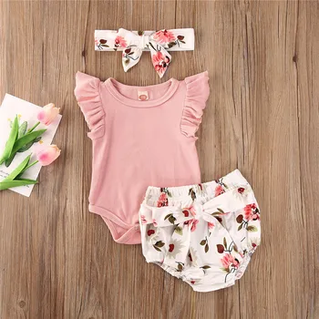 

0-24 Months Baby Girls Summer 3pcs Set Ruffle Romper Top Floral Print Shorts Baby Gilrs Set Toddler Outfits
