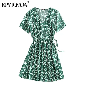 

KPYTOMOA Women 2020 Chic Fashion Floral Print Pleated Mini Dress Vintage V Neck Short Sleeve Side Bow Tied Female Dresses Mujer