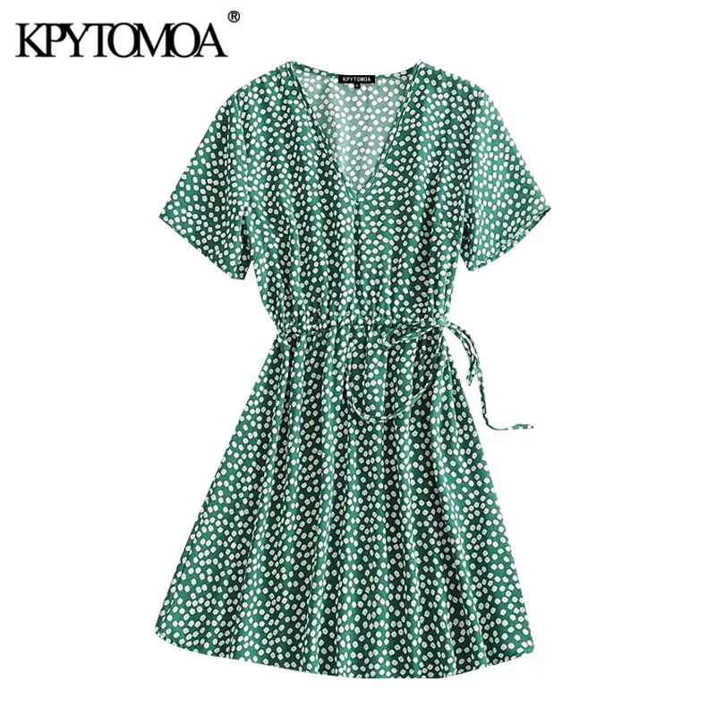 KPYTOMOA Women 2020 Chic Fashion Floral Print Pleated Mini Dress Vintage V Neck Short Sleeve Side Bow Tied Female Dresses Mujer KPYTOMOA Women 2020 Chic Fashion Floral Print Pleated Mini Dress Vintage V Neck Short Sleeve Side Bow Tied Female Dresses Mujer