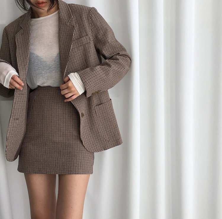 Винтажная однобортная Женская клетчатая куртка женская куртка для отдыха пальто корейский Стиль Верхняя одежда